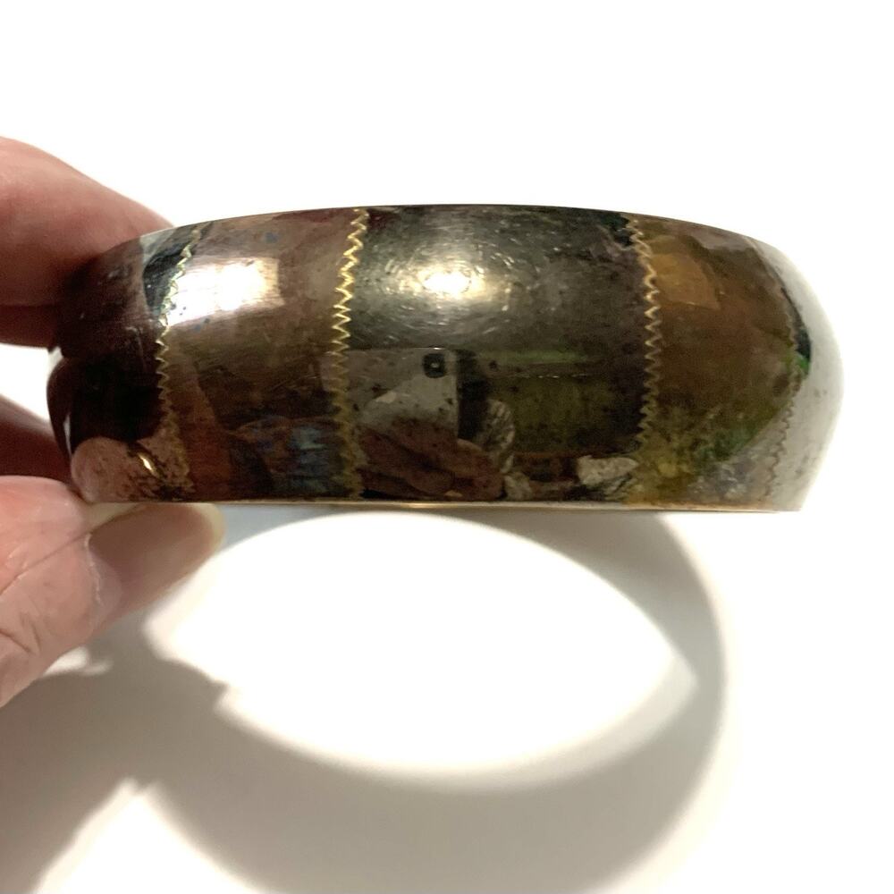 Vintage Bangle Bracelet Brass Copper Antiqued Silver Tone Chevron Band Design 8"